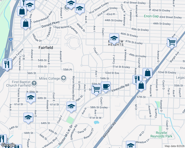 map of restaurants, bars, coffee shops, grocery stores, and more near 5321 Court H in Birmingham