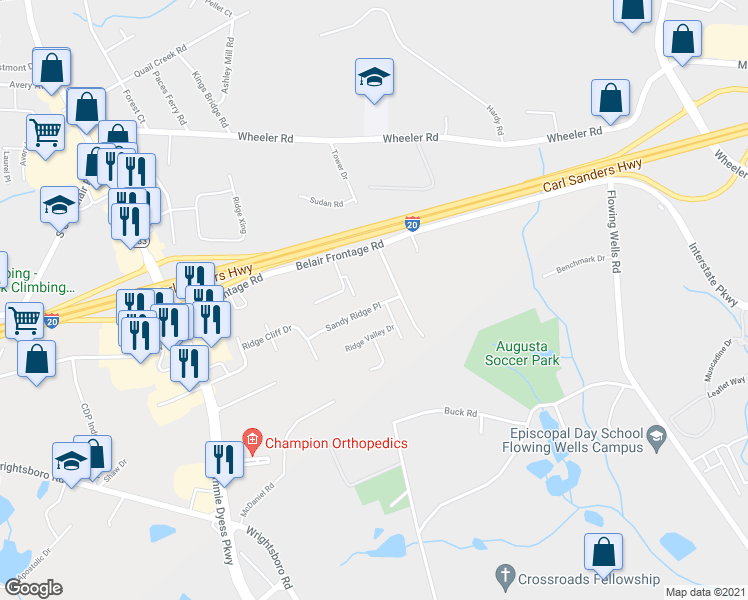 map of restaurants, bars, coffee shops, grocery stores, and more near 4371 Sandy Ridge Place in Augusta