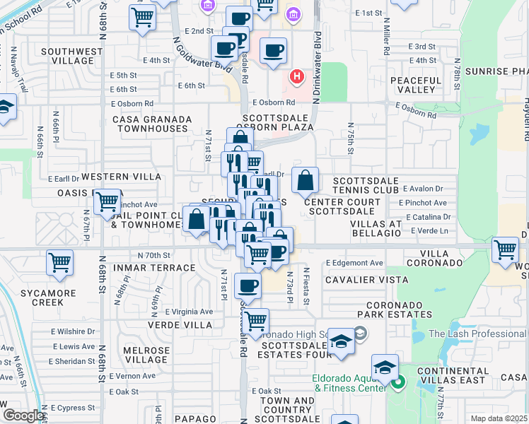 map of restaurants, bars, coffee shops, grocery stores, and more near 3015a North Scottsdale Road in Scottsdale
