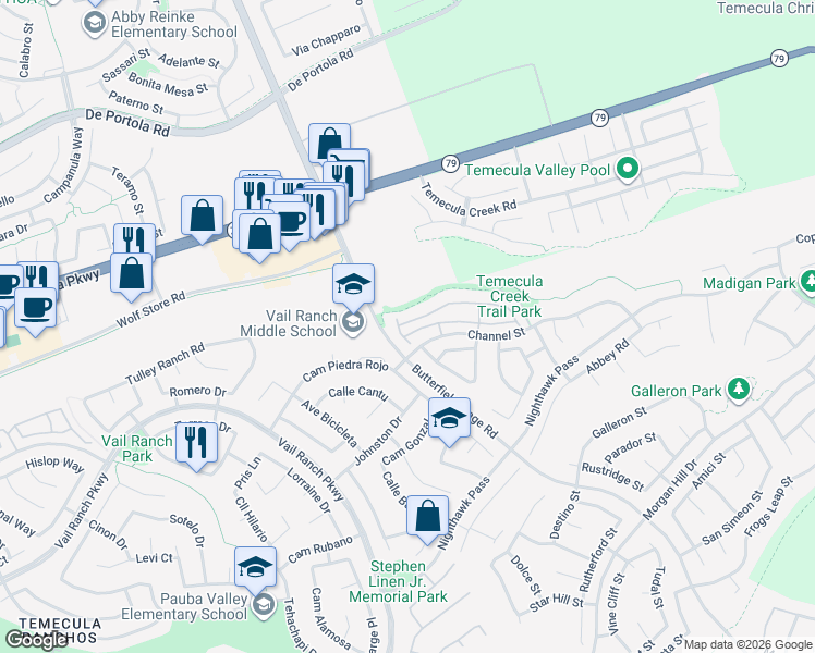map of restaurants, bars, coffee shops, grocery stores, and more near 33423 Winston Way in Temecula