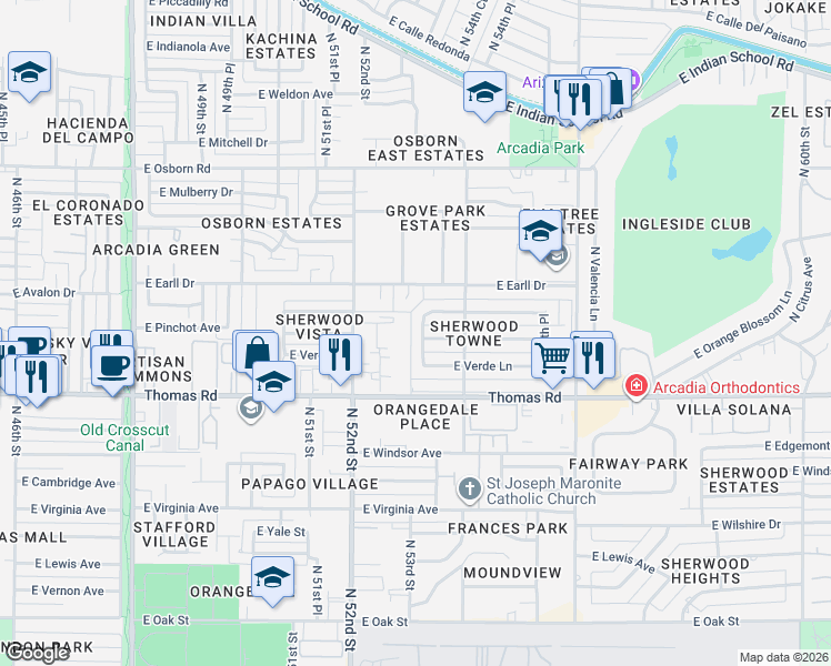 map of restaurants, bars, coffee shops, grocery stores, and more near 2940 North 53rd Place in Phoenix
