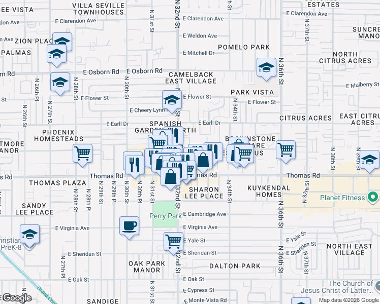 map of restaurants, bars, coffee shops, grocery stores, and more near 3211 East Pinchot Avenue in Phoenix