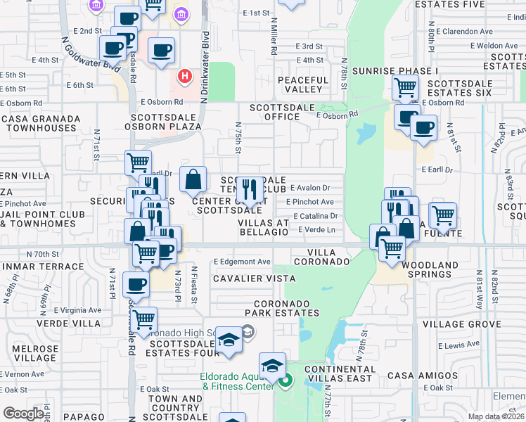 map of restaurants, bars, coffee shops, grocery stores, and more near 2992 North Miller Road in Scottsdale