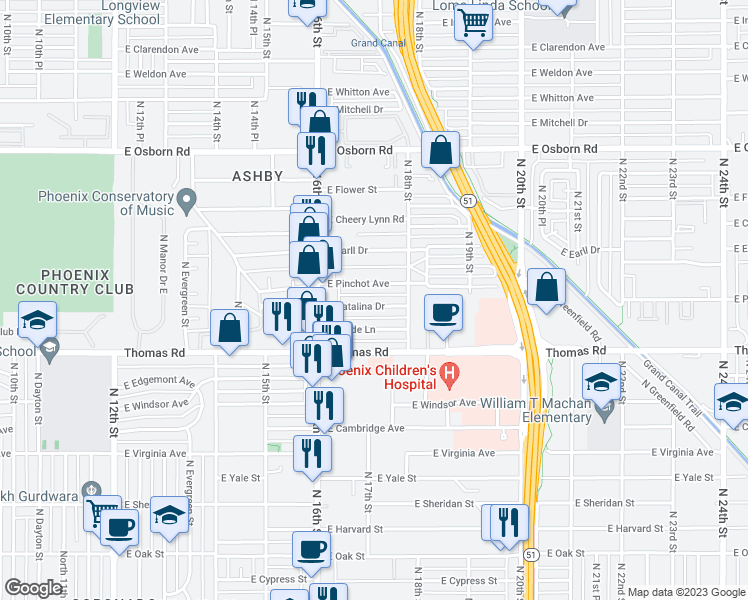 map of restaurants, bars, coffee shops, grocery stores, and more near 1701 East Catalina Drive in Phoenix