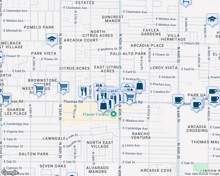 map of restaurants, bars, coffee shops, grocery stores, and more near 2929 North 39th Street in Phoenix