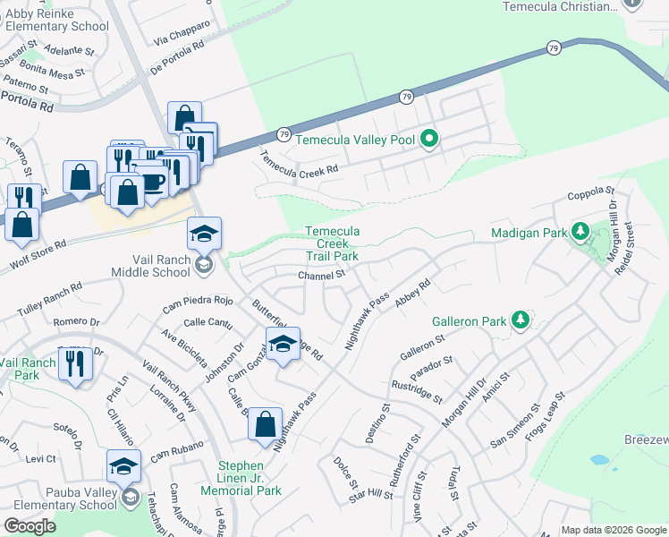map of restaurants, bars, coffee shops, grocery stores, and more near 33657 Emerson Way in Temecula