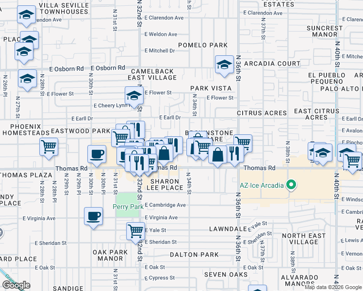 map of restaurants, bars, coffee shops, grocery stores, and more near 3330 East Thomas Road in Phoenix