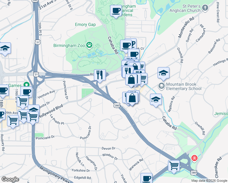 map of restaurants, bars, coffee shops, grocery stores, and more near 2305 Montevallo Road in Birmingham