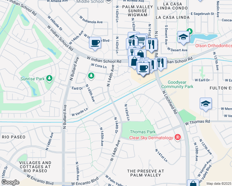 map of restaurants, bars, coffee shops, grocery stores, and more near 3061 North 143rd Lane in Goodyear