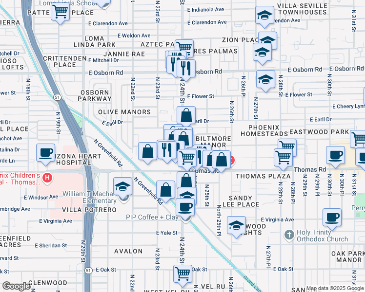map of restaurants, bars, coffee shops, grocery stores, and more near North 24th Street & East Pinchot Avenue in Phoenix