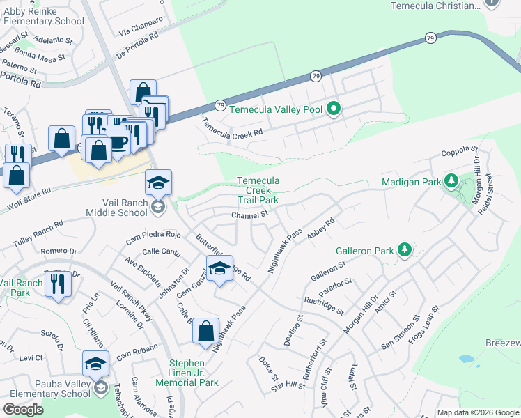 map of restaurants, bars, coffee shops, grocery stores, and more near 33657 Emerson Way in Temecula