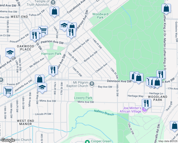 map of restaurants, bars, coffee shops, grocery stores, and more near 1280 16th Street Southwest in Birmingham