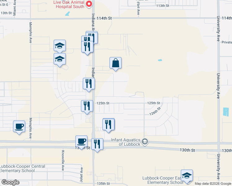 map of restaurants, bars, coffee shops, grocery stores, and more near 12213 Geneva Avenue in Lubbock