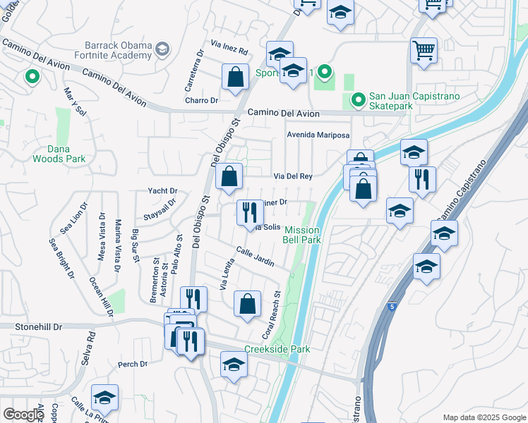 map of restaurants, bars, coffee shops, grocery stores, and more near 33102 Halfmoon Court in San Juan Capistrano