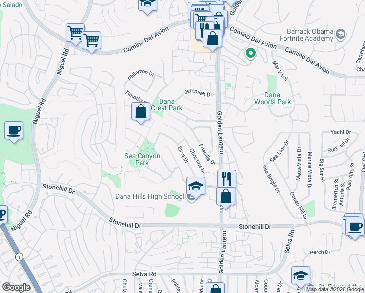 map of restaurants, bars, coffee shops, grocery stores, and more near 33102 Elisa Drive in Dana Point
