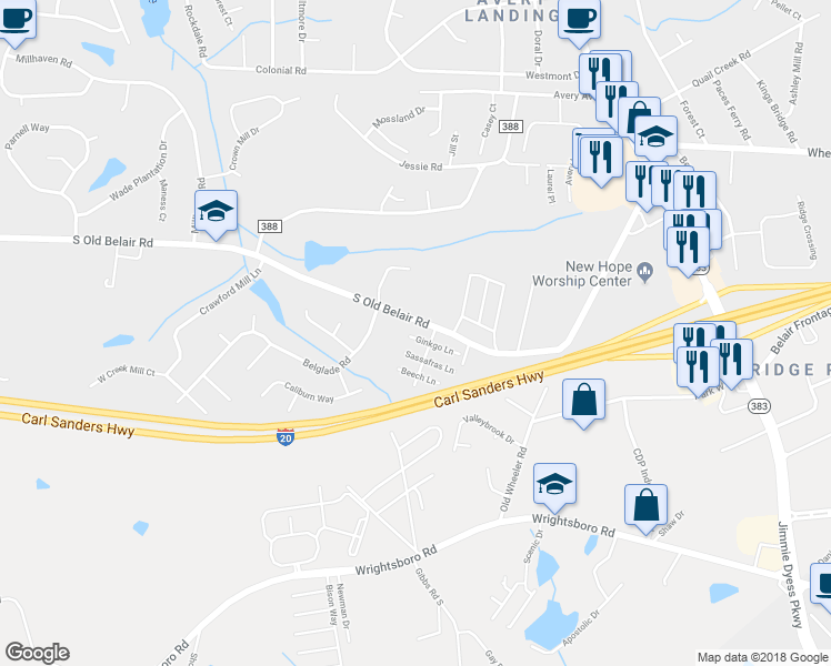 map of restaurants, bars, coffee shops, grocery stores, and more near 104 Ginkgo Lane in Grovetown