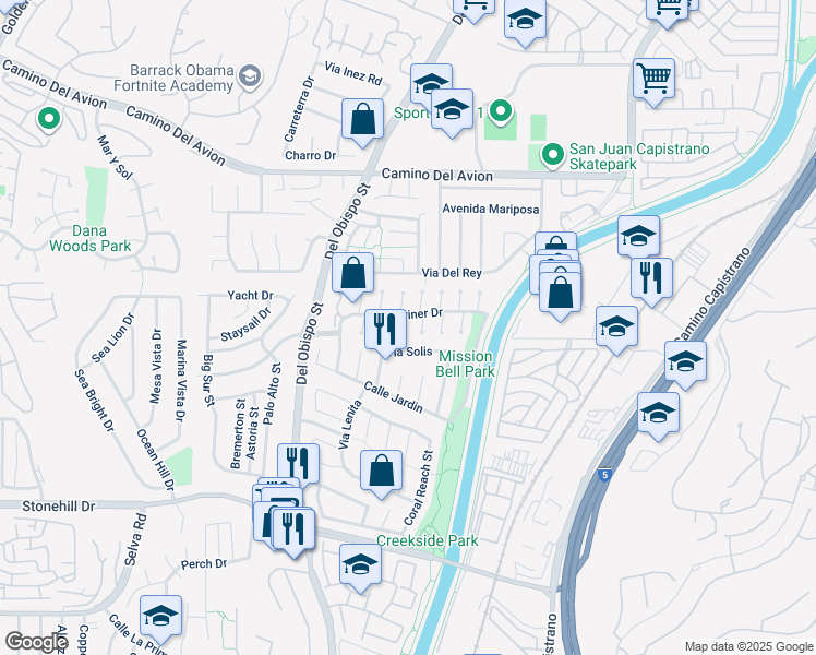 map of restaurants, bars, coffee shops, grocery stores, and more near 33102 Halfmoon Court in San Juan Capistrano