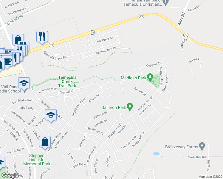map of restaurants, bars, coffee shops, grocery stores, and more near 34039 Abbey Road in Temecula