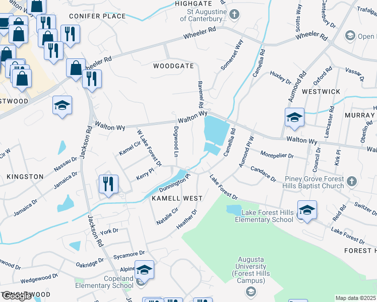 map of restaurants, bars, coffee shops, grocery stores, and more near 813 Quail Court in Augusta