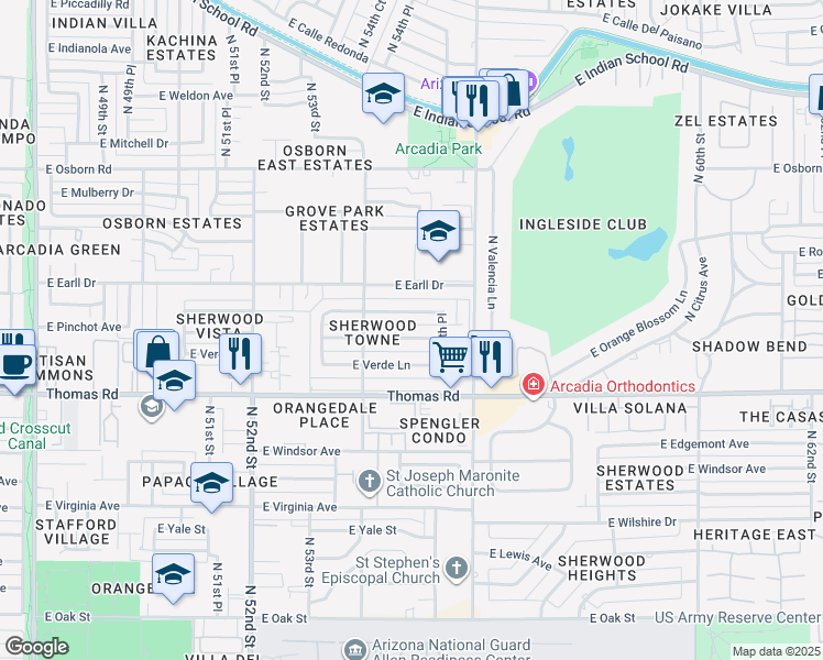 map of restaurants, bars, coffee shops, grocery stores, and more near 5501 East Pinchot Avenue in Phoenix