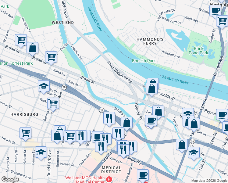 map of restaurants, bars, coffee shops, grocery stores, and more near 1568 Broad Street in Augusta