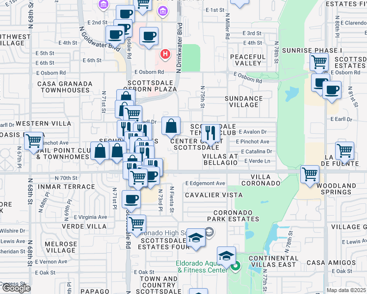 map of restaurants, bars, coffee shops, grocery stores, and more near 7440 East Thomas Road in Scottsdale