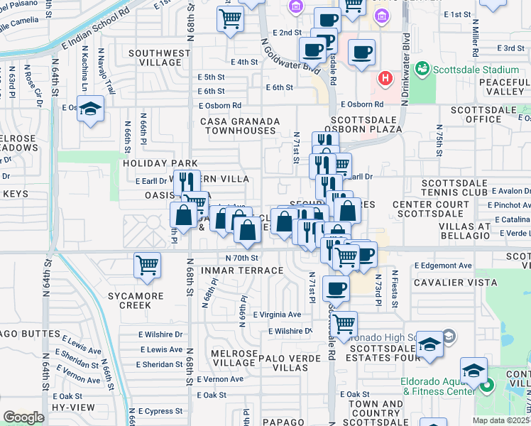 map of restaurants, bars, coffee shops, grocery stores, and more near 2929 North 70th Street in Scottsdale