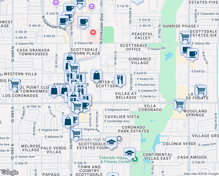 map of restaurants, bars, coffee shops, grocery stores, and more near 7440 East Thomas Road in Scottsdale