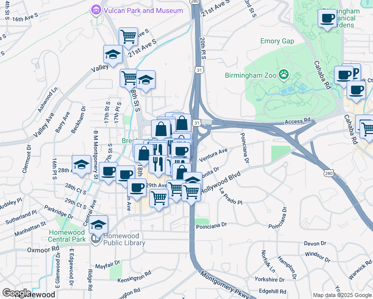 map of restaurants, bars, coffee shops, grocery stores, and more near 2779-2799 19th Pl S in Homewood