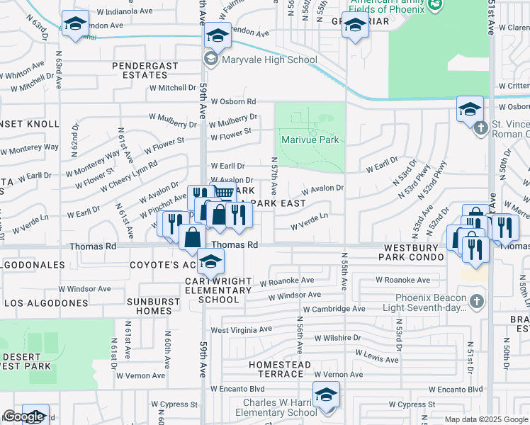 map of restaurants, bars, coffee shops, grocery stores, and more near 5650 West Verde Lane in Phoenix