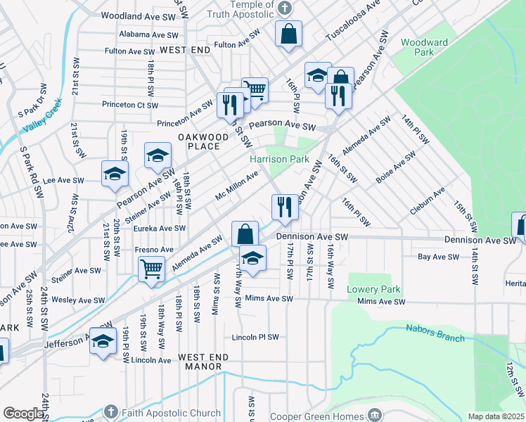 map of restaurants, bars, coffee shops, grocery stores, and more near 1012 17th Place Southwest in Birmingham