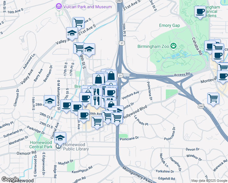 map of restaurants, bars, coffee shops, grocery stores, and more near 2779-2799 19th Pl S in Homewood