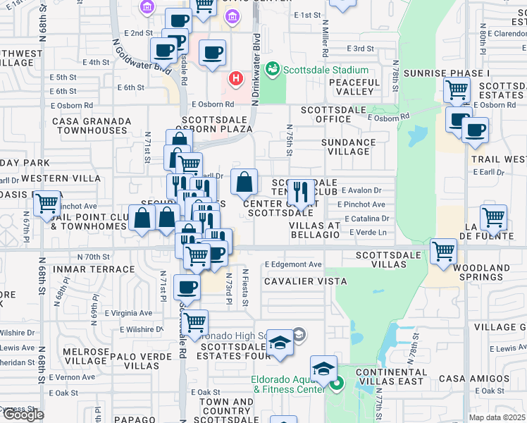 map of restaurants, bars, coffee shops, grocery stores, and more near 7440 East Thomas Road in Scottsdale