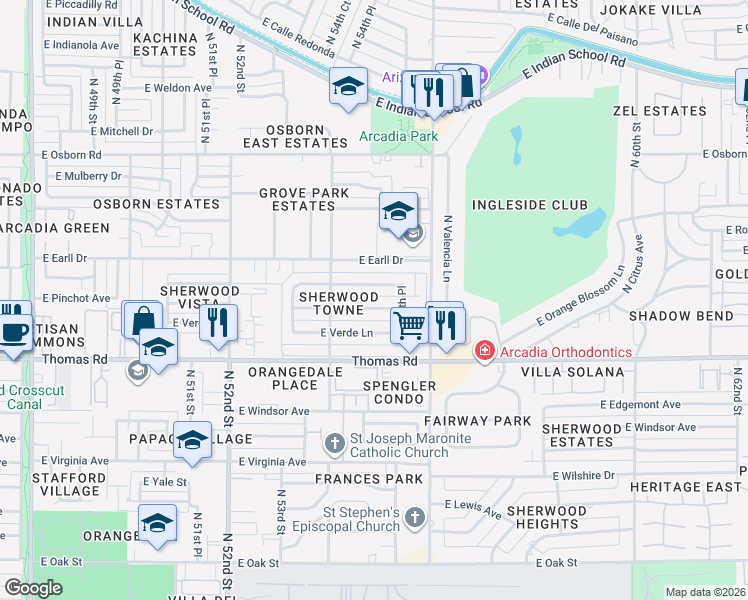 map of restaurants, bars, coffee shops, grocery stores, and more near 5501 East Pinchot Avenue in Phoenix