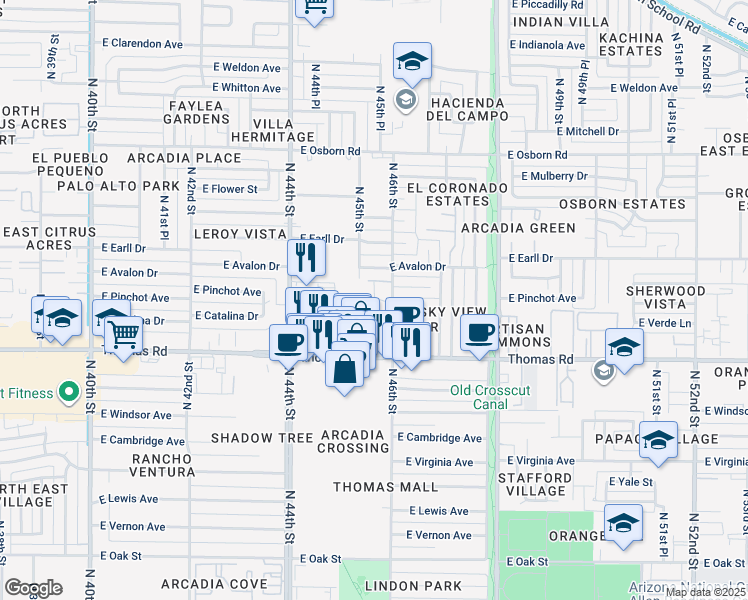 map of restaurants, bars, coffee shops, grocery stores, and more near 4512 East Thomas Road in Phoenix