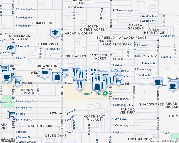 map of restaurants, bars, coffee shops, grocery stores, and more near 2927 North 38th Street in Phoenix