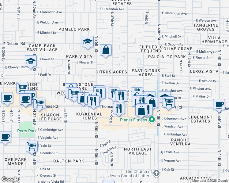 map of restaurants, bars, coffee shops, grocery stores, and more near 2922 North 37th Street in Phoenix