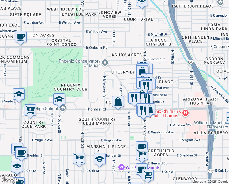 map of restaurants, bars, coffee shops, grocery stores, and more near 2932 North 14th Street in Phoenix