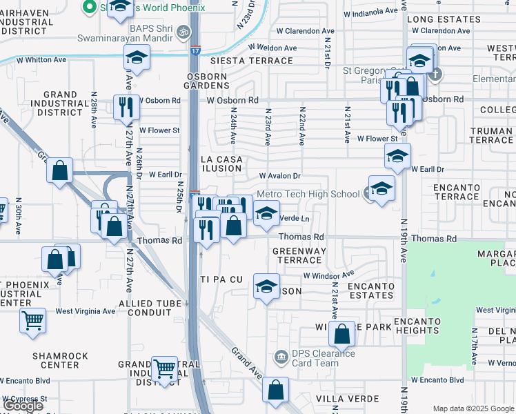 map of restaurants, bars, coffee shops, grocery stores, and more near 2590 West Verde Lane in Phoenix