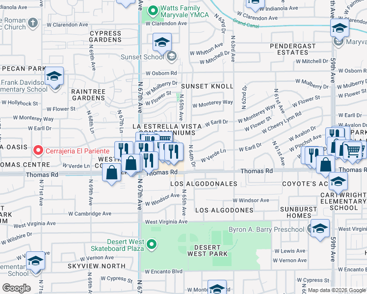 map of restaurants, bars, coffee shops, grocery stores, and more near in Phoenix