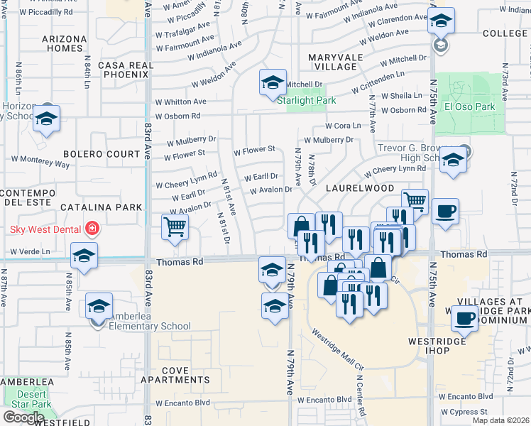 map of restaurants, bars, coffee shops, grocery stores, and more near 7912 West Verde Lane in Phoenix