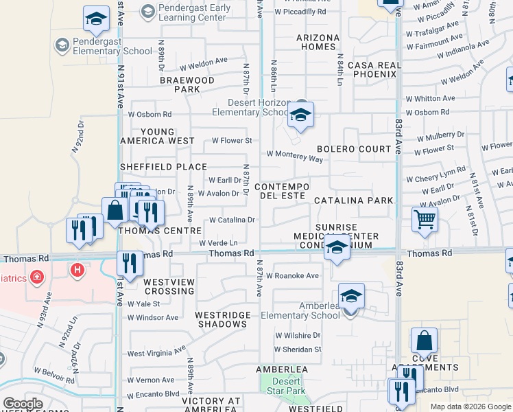 map of restaurants, bars, coffee shops, grocery stores, and more near 87 West Catalina Drive in Phoenix