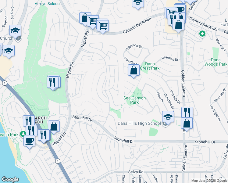 map of restaurants, bars, coffee shops, grocery stores, and more near 19 Saint Kitts in Dana Point