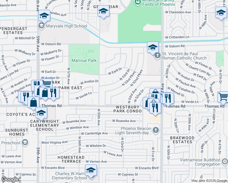 map of restaurants, bars, coffee shops, grocery stores, and more near 2919 North 54th Drive in Phoenix