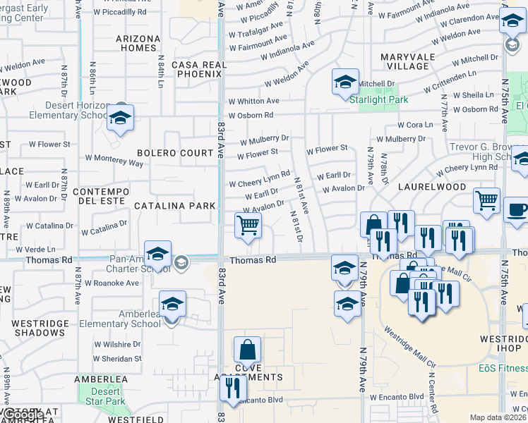 map of restaurants, bars, coffee shops, grocery stores, and more near 8159 West Avalon Drive in Phoenix