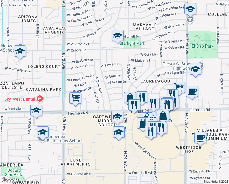map of restaurants, bars, coffee shops, grocery stores, and more near 7912 West Verde Lane in Phoenix