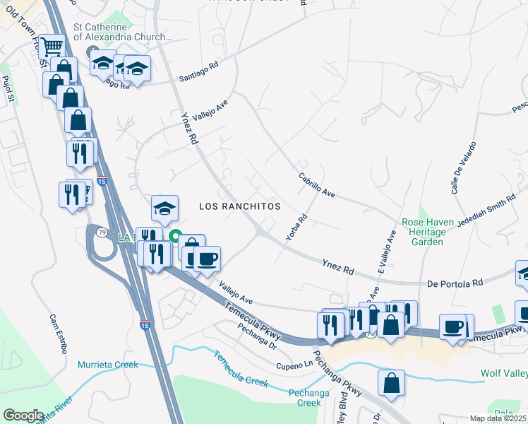 map of restaurants, bars, coffee shops, grocery stores, and more near 29370 Ynez Road in Temecula