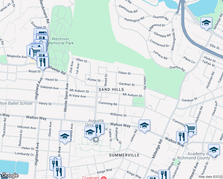 map of restaurants, bars, coffee shops, grocery stores, and more near 2403 Mount Auburn Street in Augusta