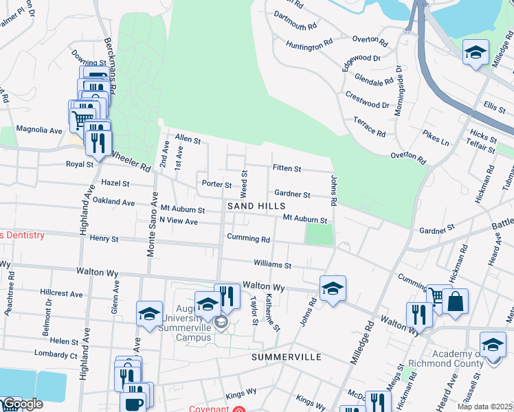 map of restaurants, bars, coffee shops, grocery stores, and more near 2403 Mount Auburn Street in Augusta