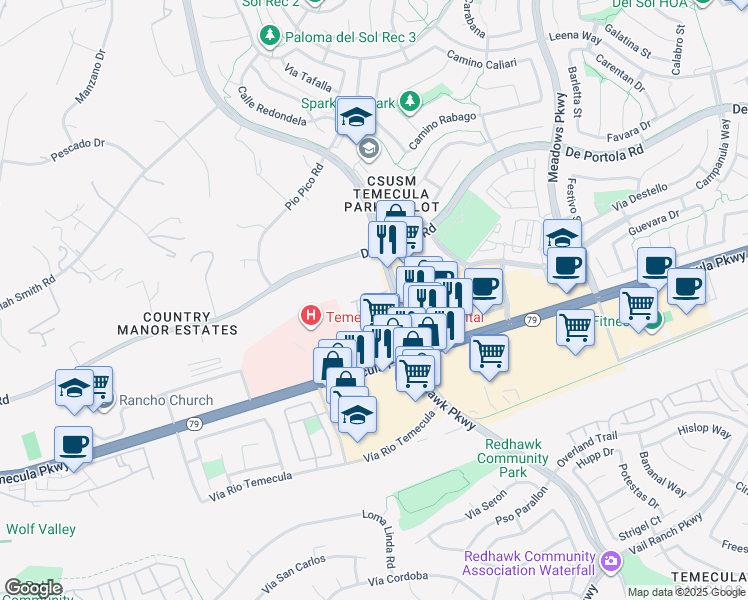 map of restaurants, bars, coffee shops, grocery stores, and more near 44155 Margarita Road in Temecula